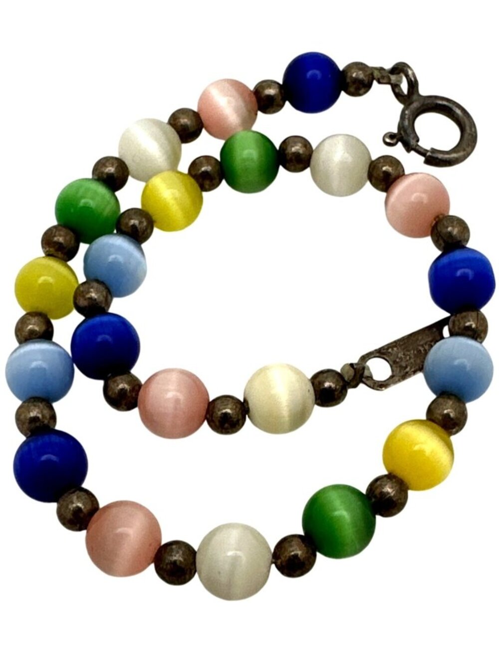 Vintage Chatoyancy Cats Eye Bead Bracelet Sterling Silver 925 Jordan Multi-Color